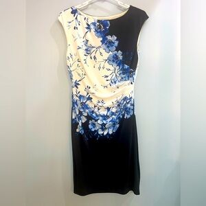 Ralph Lauren Dress Blue Floral Print Ruched Waist Jersey Knit Dress